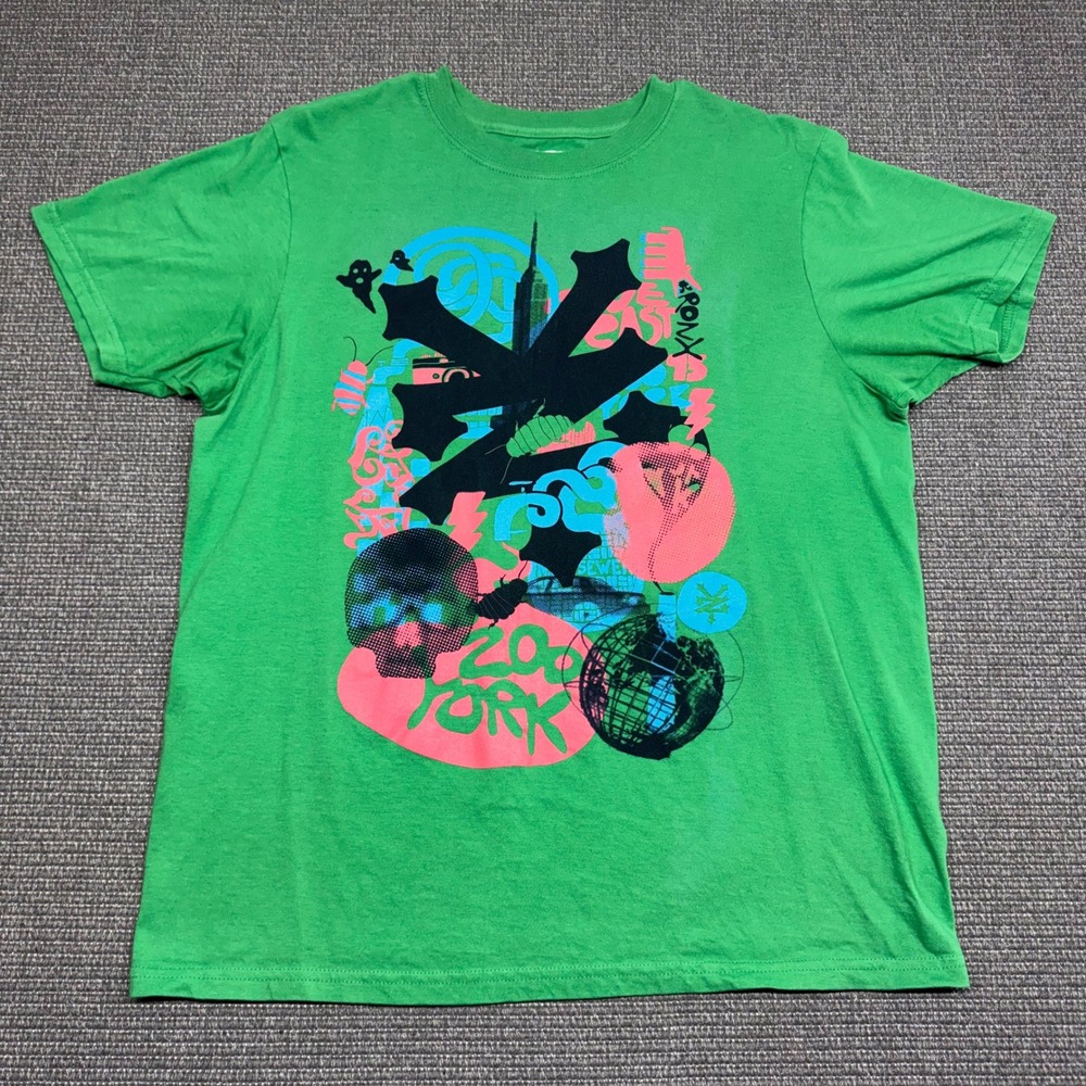 Zoo York Mens Graphic T-Shirt Green Skull Globe NYC Streetwear Large 9313